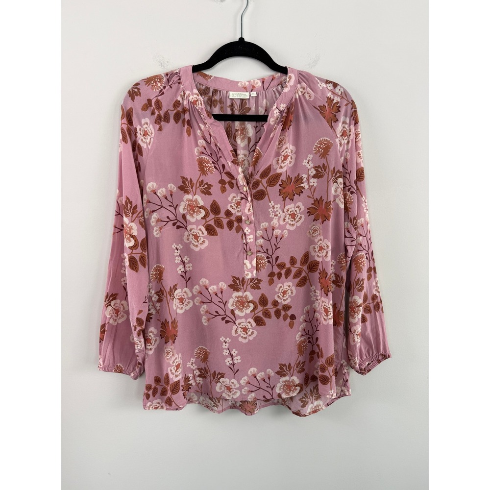 Spartina 449 Cora Silk Blouse Pink M Floral 100% Silk Long Sleeve Boho Top